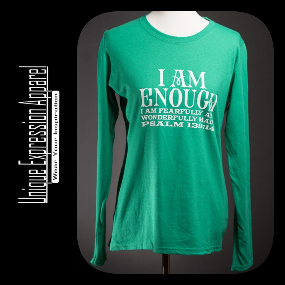 "I Am Enough" casual green lng slv graphic tee